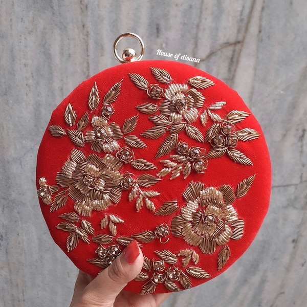 Red an gold handmade clutch,embroidered bag,evening clutch,clutch bag,bride gift,indian wedding gift,designer bag,luxury bag,bridal clutch