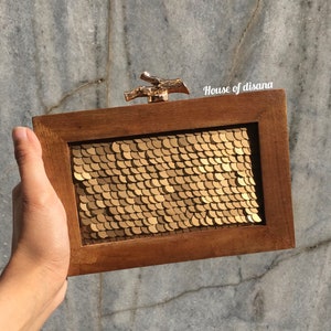 Cartera de mano con marco de madera y secuencia dorada, cartera de diseñador, bolso de lujo, regalos para ella, regalo para novia, cartera de noche, carteras para mujer, cartera formal