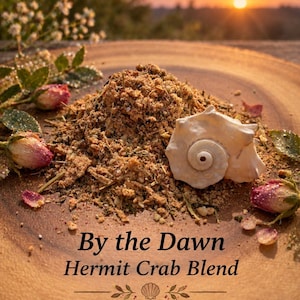May include: A pile of tan, granular hermit crab food blend on a wooden surface, accompanied by a white seashell and small pink rosebuds. The text reads By the Dawn Hermit Crab Blend, with a small shell icon centred between two decorative lines.