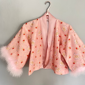 Kimono Style Jacket. Pure Cotton. Beatrix Potter Bunnykins ,Print.Baby Pink Faux Fur sleeve edging ..Satin Trim..