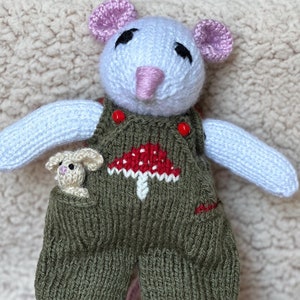 Hand knitted mouse wearing clothes, amigurumi mouse, white mouse