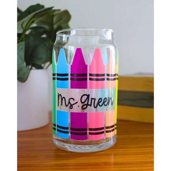 Teacher Appreciation Personalized Gift - Color Changing Crayons Glass Can  - Daycare Teacher Gift - Elementary Teacher - Teacher Coffee Cup