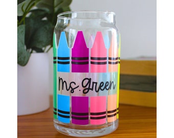 Teacher Appreciation Personalized Gift - Color Changing Crayons Glass Can  - Daycare Teacher Gift - Elementary Teacher - Teacher Coffee Cup