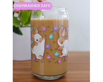 Floral Bunnies Glass Can | Dishwasher Safe