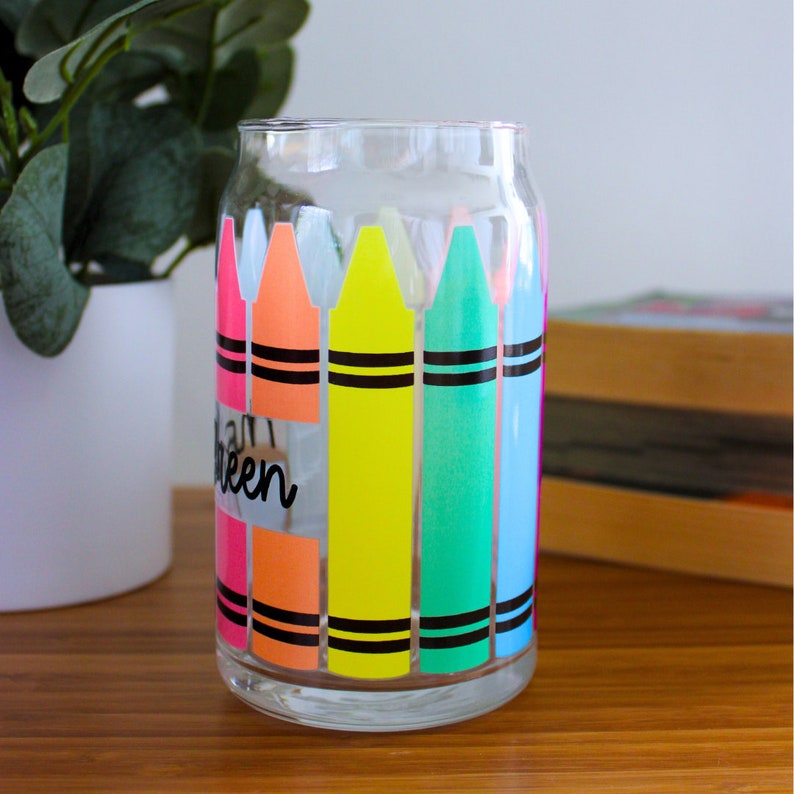 Teacher Appreciation Personalized Gift Color Changing Crayons Glass Can Daycare Teacher Gift Elementary Teacher Teacher Coffee Cup image 2