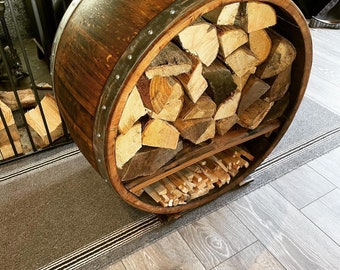 Whisky barrel Log and kindling store / fire companion