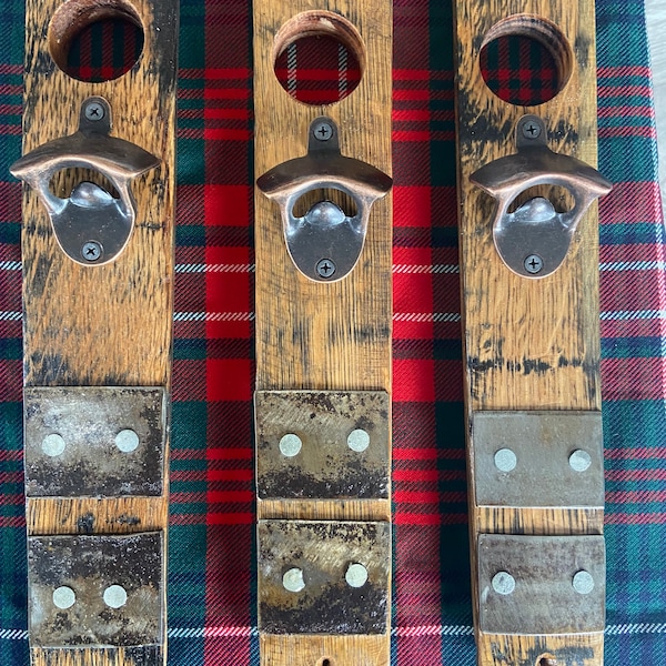 wall mounted bottle opener handmade from oak whisky barrel