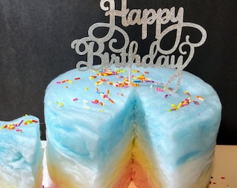 Cotton Candy Cake - Blue Rainbow/Happy Birthday - 4 Colorful Tiers!  Glitter Cake Topper & Sprinkles included!