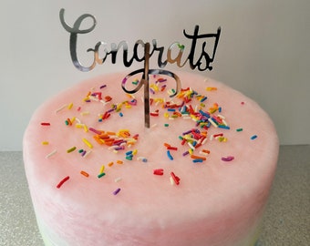 Congrats/Thank You Cotton Candy Cake - Pink Rainbow - 4 Colorful Tiers!  Silver Acrylic CONGRATS or THANK YOU cake topper & Sprinkles!