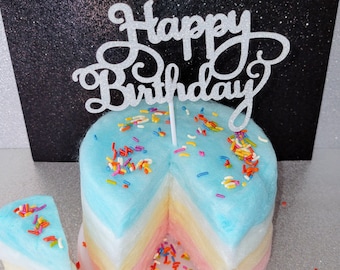 Mini Cotton Candy Cake - Blue Rainbow/Happy Birthday - 4 Colorful Tiers!  Glitter Cake Topper & Sprinkles included!