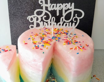 Cotton Candy Cake - Pink Rainbow/Happy Birthday - 4 Colorful Tiers!  Glitter cake topper & Sprinkles included!