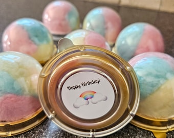 Rainbow Cotton Candy Bombs: Gold Party Favors, option to add Happy Birthday or Custom sticker