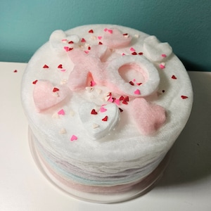 XOXO Gourmet Cotton Candy Cake - 5 Layer White Rainbow with XO cotton candy cutout - includes Candy Heart sprinkles!
