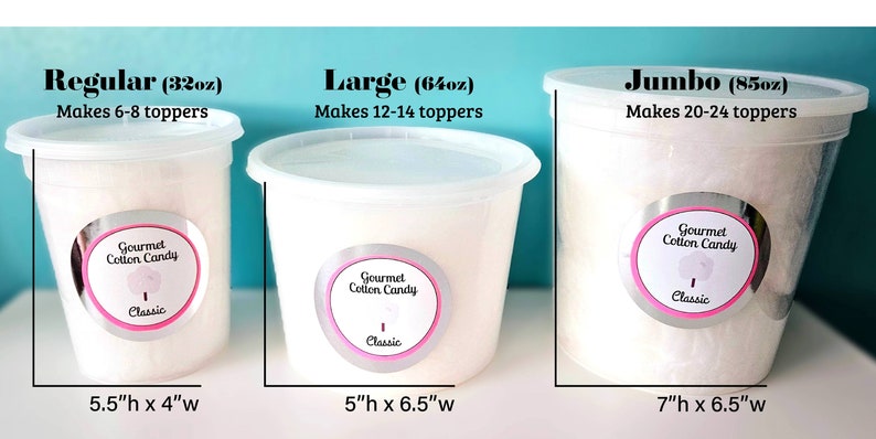 May include: Three white plastic containers of different sizes filled with cotton candy. The containers are labeled "Regular (32oz)", "Large (64oz)", and "Jumbo (85oz)" and each container has a silver label that says "Gourmet Cotton Candy Classic".