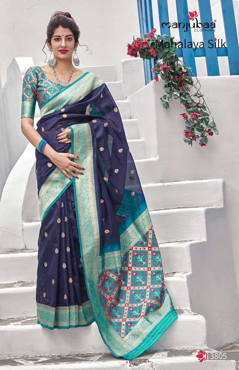 Christmas Designer Wedding Stylish Blue Banarasi Art Silk Sari Unstitch Blouse Piece Indian Beautiful Partywear Saree for Women Latest