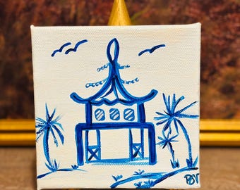 Small blue and white pagoda canvas | Chinoiserie Wall Decor| Muted Colors
