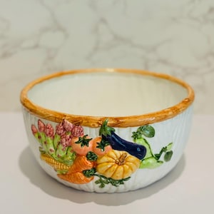 Majolica Glazed Large Serving Bowl| Vegetable Design| Farmhouse