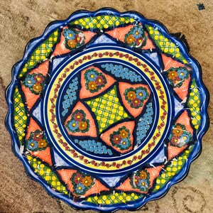 Vintage Mexican Pottery Plate | Large Hand Painted Colorful Floral Plate | Blue Scalloped Wall Plate | 13.25 Inch
