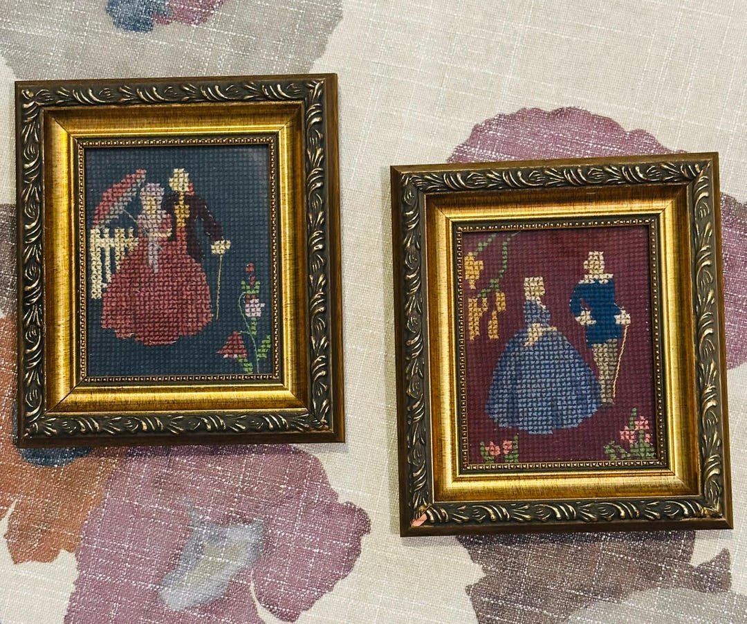 Pair of Vintage Victorian Needlepoint Pictures • Small Framed Tapestry ...