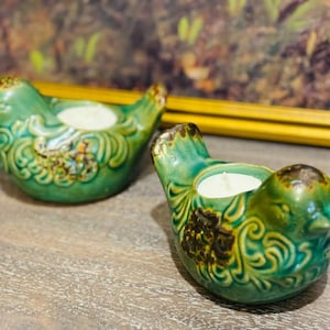 Pair of Ceramic Green Quail Tealight Holders | Tea Light Candle Holder | Green Ceramic Candle Decor | Home Decor | Vintage Finds |
