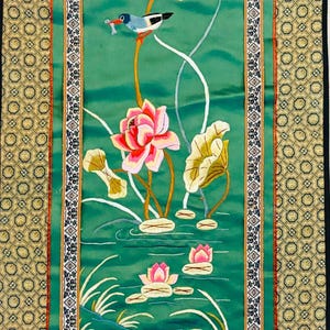 Chinoserie Floral Bamboo and Bird Embroidered silk brocade panel| Antique Cloth | Asian Decor