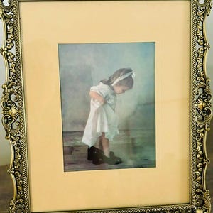 Vintage little girl looking down at her shoes and holding skirt 9.5 x 12 | Vintage Nursery Finds | Nursery Painting | Framed Art