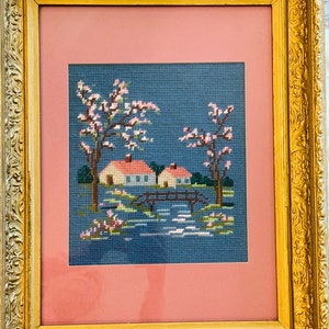 Vintage Farm Cross Stitch | Countryside Home Accent | Folk Art Cross Stitch | Vintage Home Gift | Decorative Wall Art | Framed Cross Stitch