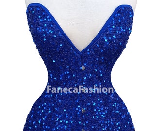 Heavy Duty Waist Trainer Steel Boned Sequin Corset Blue Overbust Corset