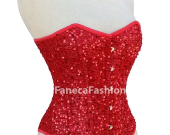 Corsetto con paillettes con stecche in acciaio per allenamento pesante Corsetto overbust rosso Steampunk