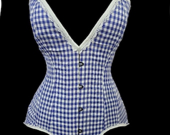Heavy Duty Steel Boned Overbust Blue/White Cotton Waist Trainer Corset