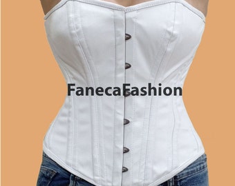 Womens Overbust Waist Trainer White Corset , Twill Cotton Double Steel Boned Shaper Corset