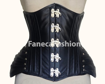 Heavy Duty Steel Boned Genuine Leather Corset , Women's Underbust Corset , Shaper Waist Trainer Front Claps Closure Side Hips Corset