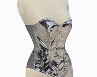 Women's Overbust Silver PVC Corset , Steel Boned Heavy Duty Waist Trainer PVC Silver Corset