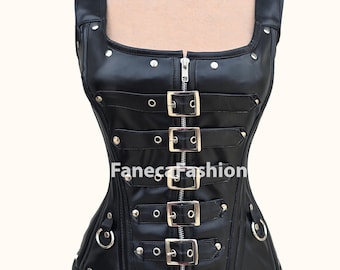 Corsetto in pelle pesante overbust Steampunk Nero Stile Goth Chiusura con fibbia con zip Corsetto con cinghie in pelle nera Corsetto con disossamento in acciaio