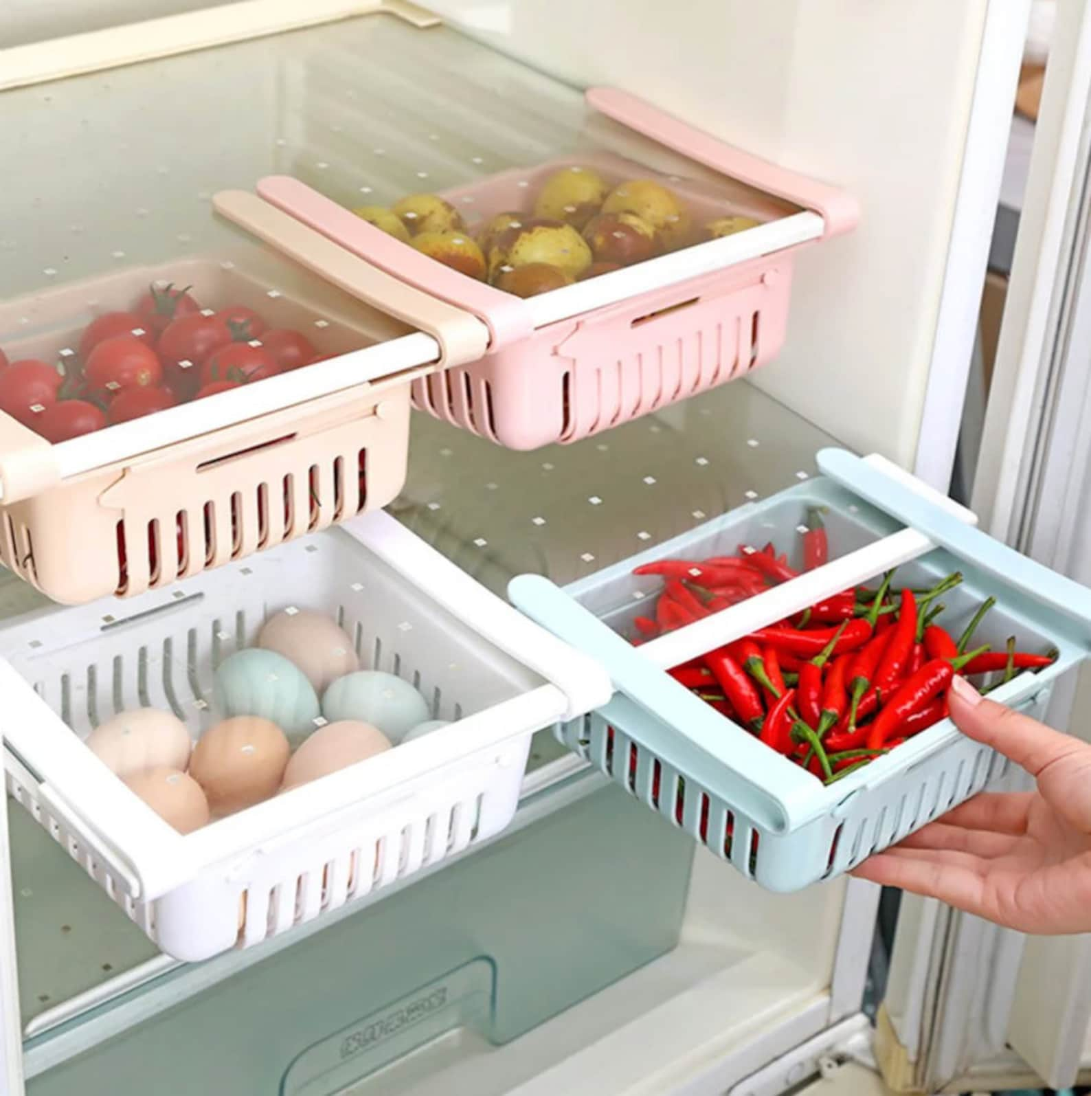 Thsue Fridge Egg Holder, Pull Out Refrigerator Drawer Organizers Fridge Shelf Holder Storage Box Adjustable Snap on Refrigerator Egg Storage Box