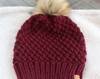 Handmade Knit Beanie with Pompom - Winter Hat for Women