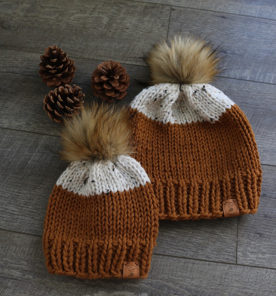Mommy & Me Knit Beanie Set: Ivory Tweed, Faux Fur Pom - Etsy