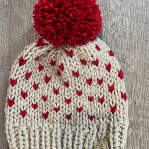 Handmade Heart Beanie: Chunky Knit Pompom Winter Hat