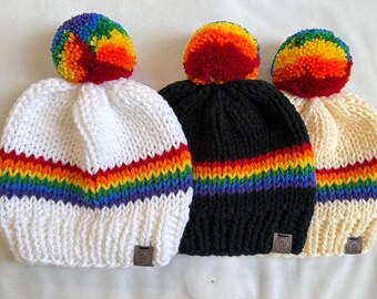 Handmade Rainbow Beanie: Unisex Pompom Hat