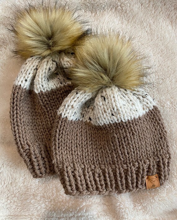 New handmade knitted Mommy and Me Beanie hat set ivory black adult/ 2t Mommy & Me Knit Beanie Set: Ivory Tweed, Faux Fur Pom - Etsy main image 3