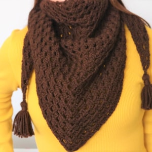May include: A brown crocheted shawl with fringe tassels. The shawl is triangular in shape and has a delicate openwork pattern.