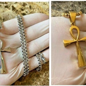 Men Women Stainless-Steel Silver Gold Box Link Chain. Egyptian Ankh Cross Charm Pendant 18&quot;-36&quot;