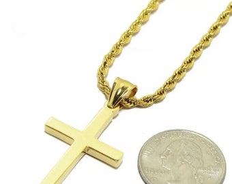 Men women stainless steel plain silver/gold cross rope chain necklace