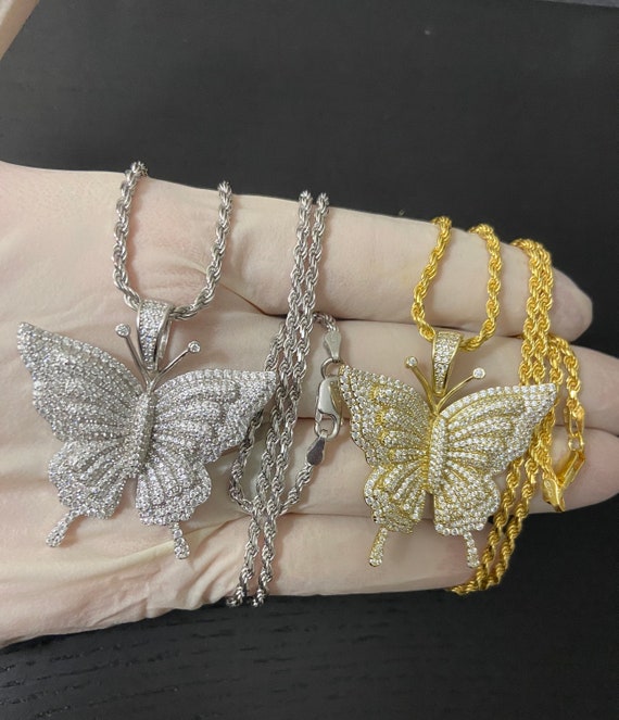 Mens Womens Real 925 Sterling Silver Hip Hop 3D Butterfly Pendant Iced Out Bling Diamond Gold Rope Chain Necklace Etsy UK