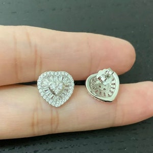 Women’s Girl’s Solid 925 Sterling Silver Iced Out Bling CZ Diamond Heart Studs Push Back Earrings 12mmm