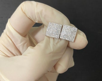 Men’s Women’s Real 925 Sterling Silver Italy Iced Out Bling Diamond Square Stud Earrings Push Back 10mm
