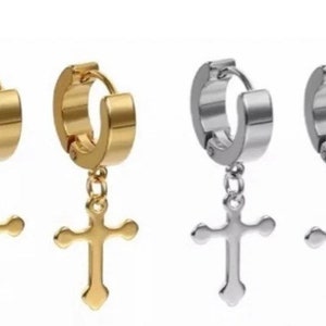 Men’s Women’s Stainless Steel 2pcs Cross Drop Dangle Loop Huggie Hinged Hoop Earrings