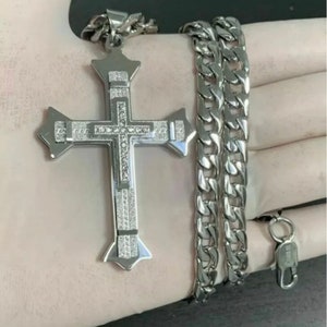 Men’s Large Silver CZ Cross Stainless Steel Heavy Pendant Cuban chain Necklace or Figaro chain Necklace or Box chain Necklace