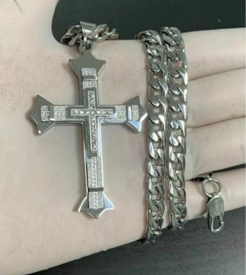 Men’s Large Silver CZ Cross Stainless Steel Heavy Pendant Cuban chain Necklace or Figaro chain Necklace or Box chain Necklace