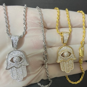 Solid 925 sterling silver Men’s women’s diamond Hamsa hand evil eye pendant in 14k gold or white gold finish with rope chain necklace gift